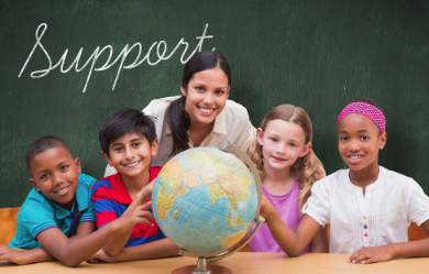 teacher and students with a earth globe