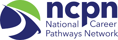 National Careers Pathway Logo, Navy and green letters with navy and green  pathway swoop