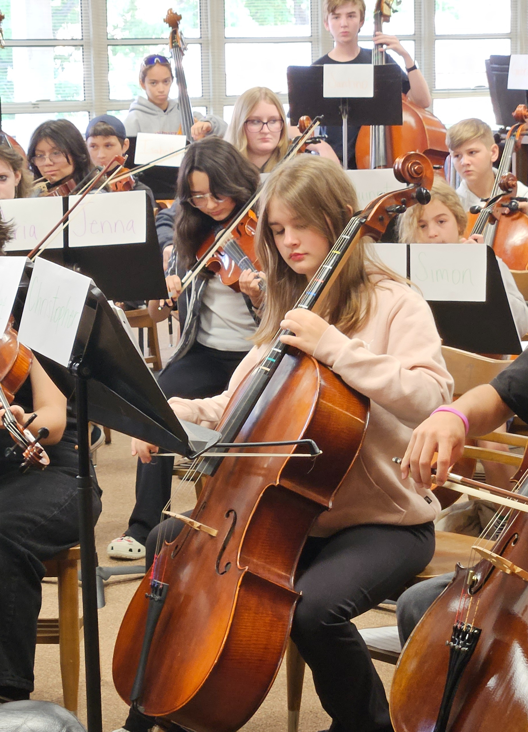 Students playing string instruments