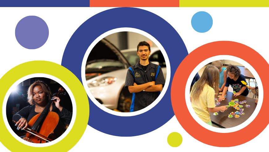 students in various programs in colorful bubbles