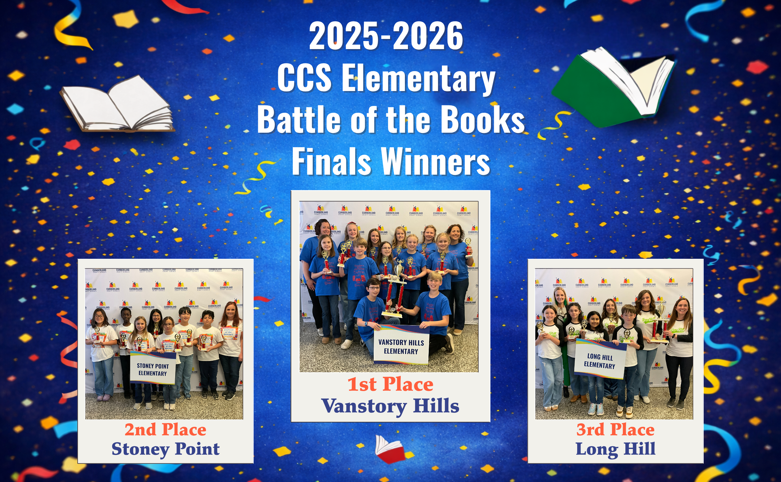 2025-26 CCS Elem Battle of the Books Winners - Vanstory Hills, Stoney Point, and Long Hill