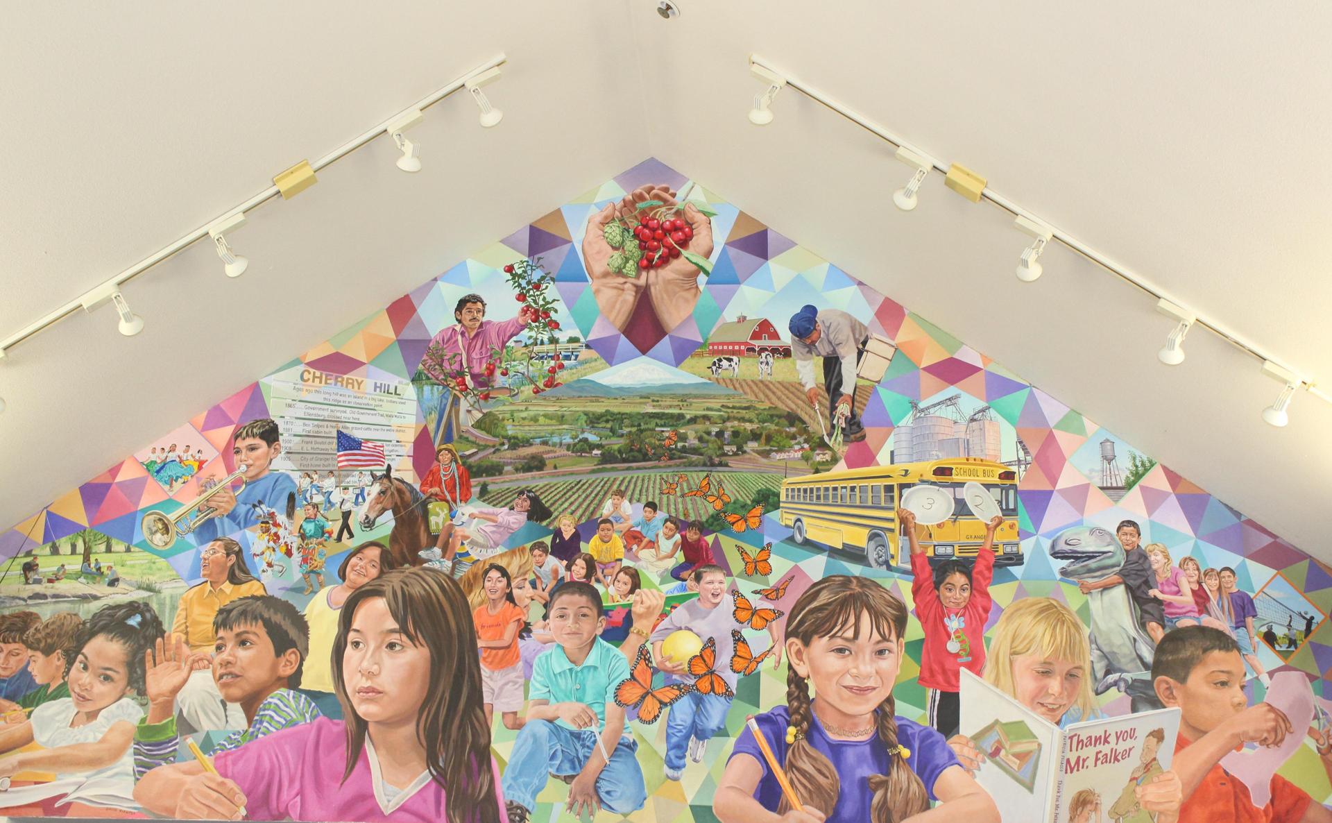 a pice of artwork in the Granger School District depicting several young students participating in various activities