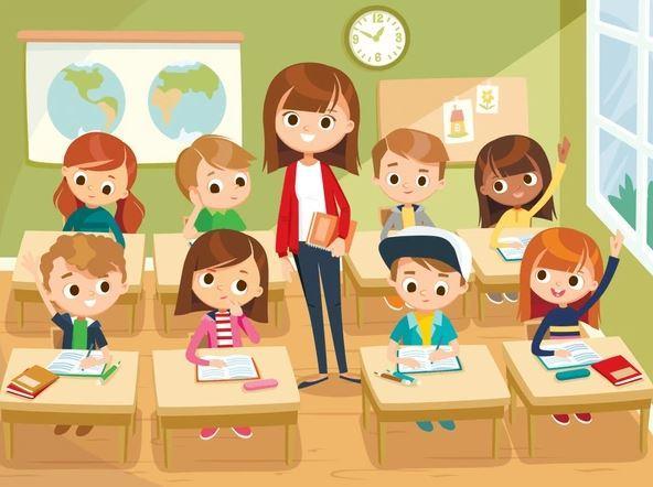 a cartoon image of kids sitting in a classroom, with a teacher standing and smiling.