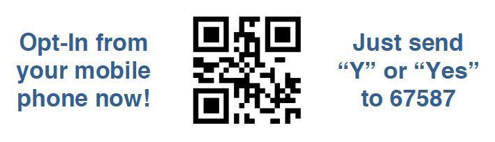 In image with a QR code and text reading "Opt-in from your mobile phone now" and "Just send "Y" or "Yes" to 67587"