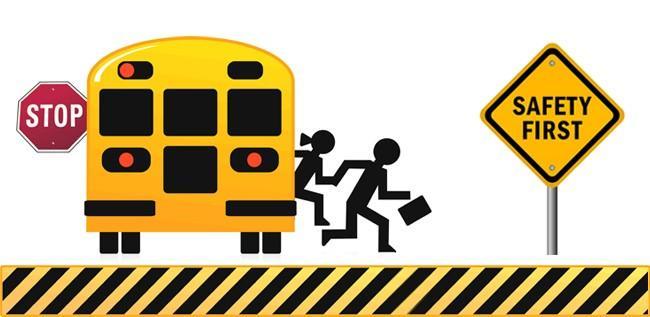 an image of a school bus with children running out of it, with a sign next to them reading "safety first"