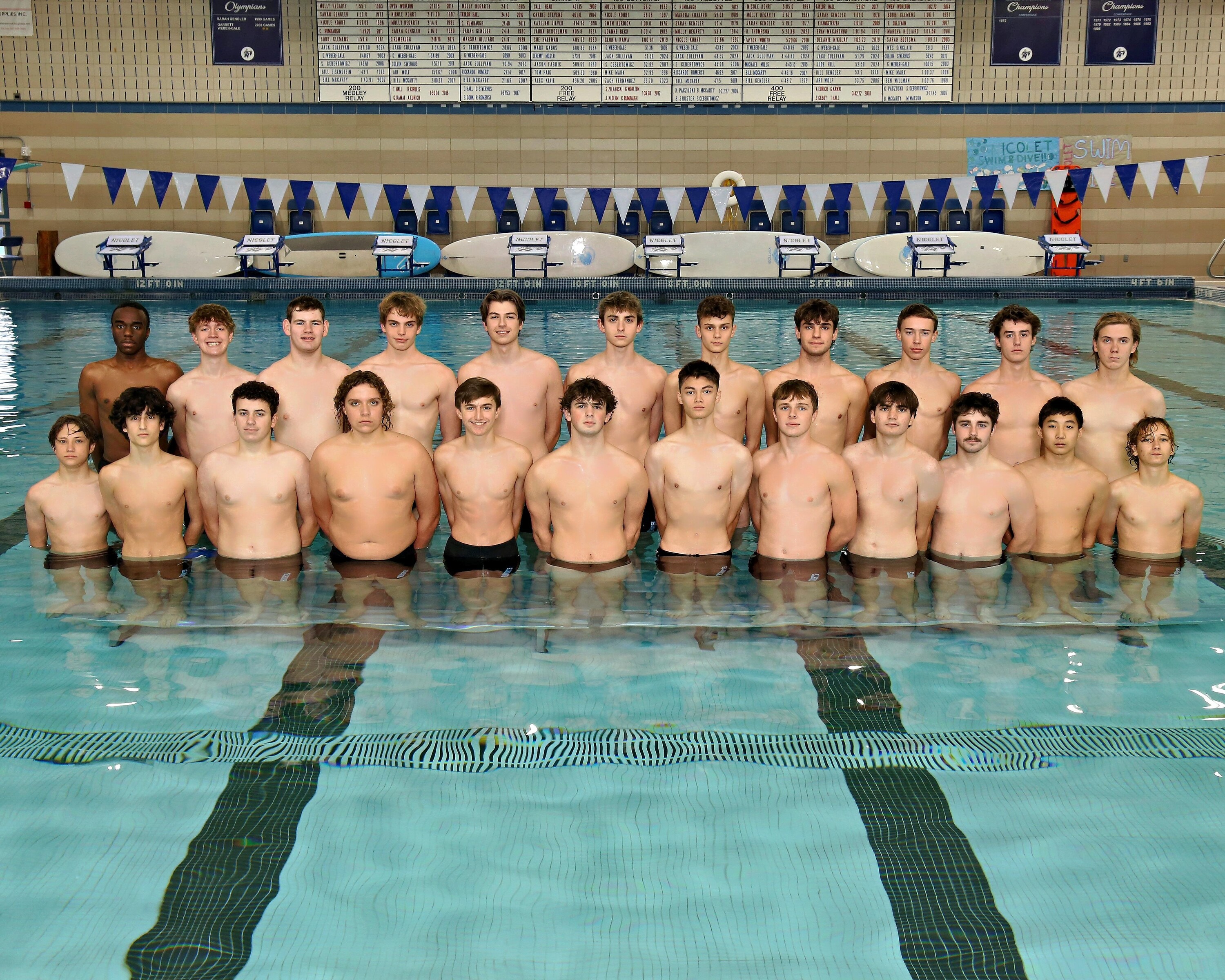 picture of the nicolet boys swimming team posing for a picture in the water