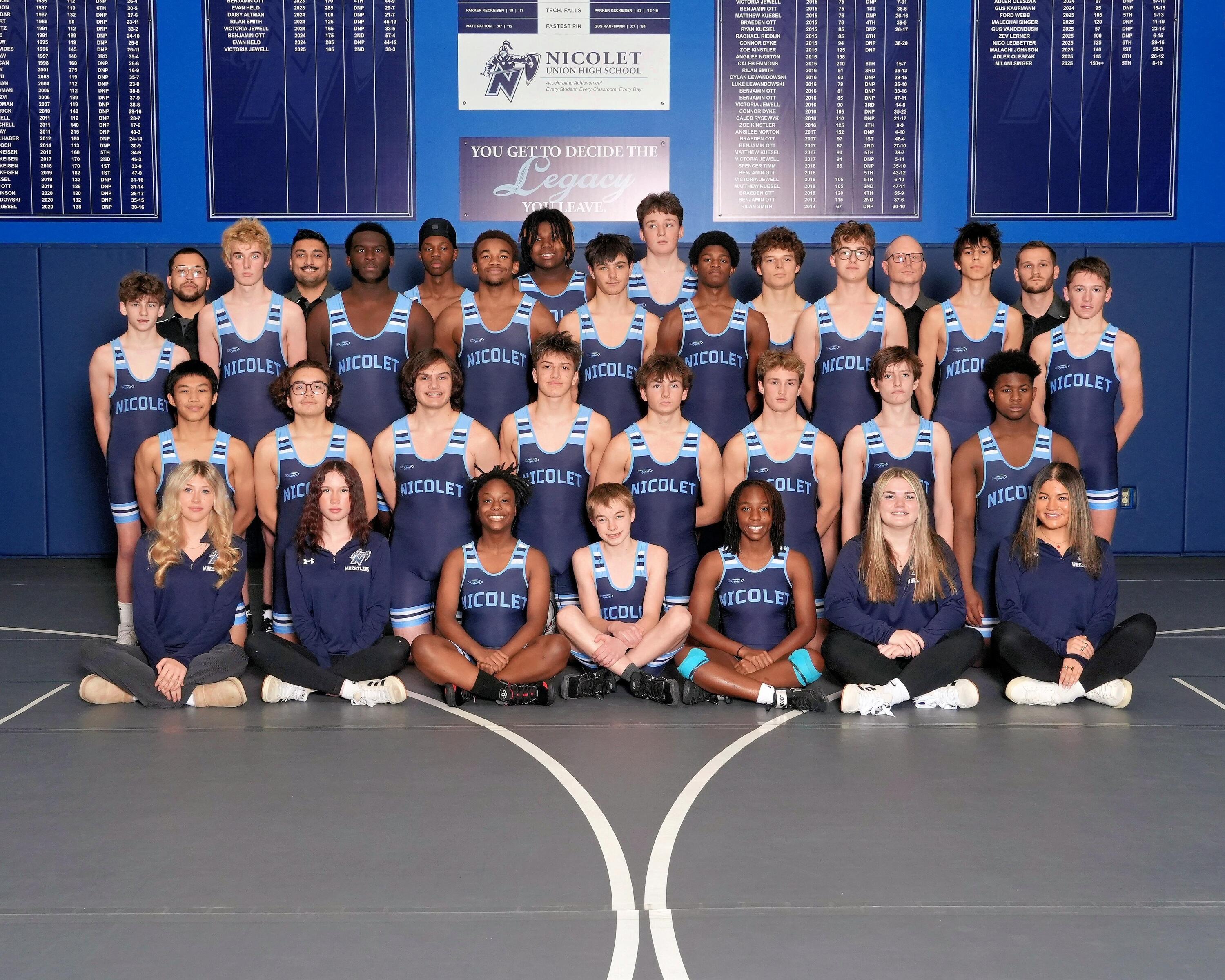 team picture of the nicolet wrestling team posing for a picture