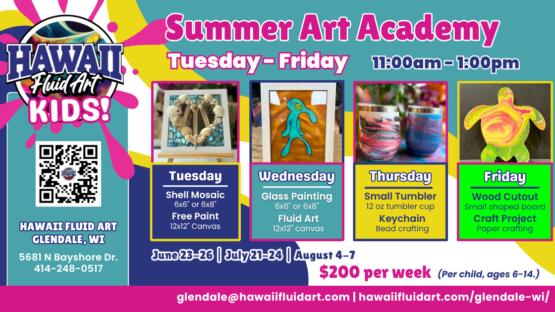 Advertisement for Hawaii Fluid Art Kids' Summer Art Academy. Features QR code, schedule, activities, cost, and contact details.