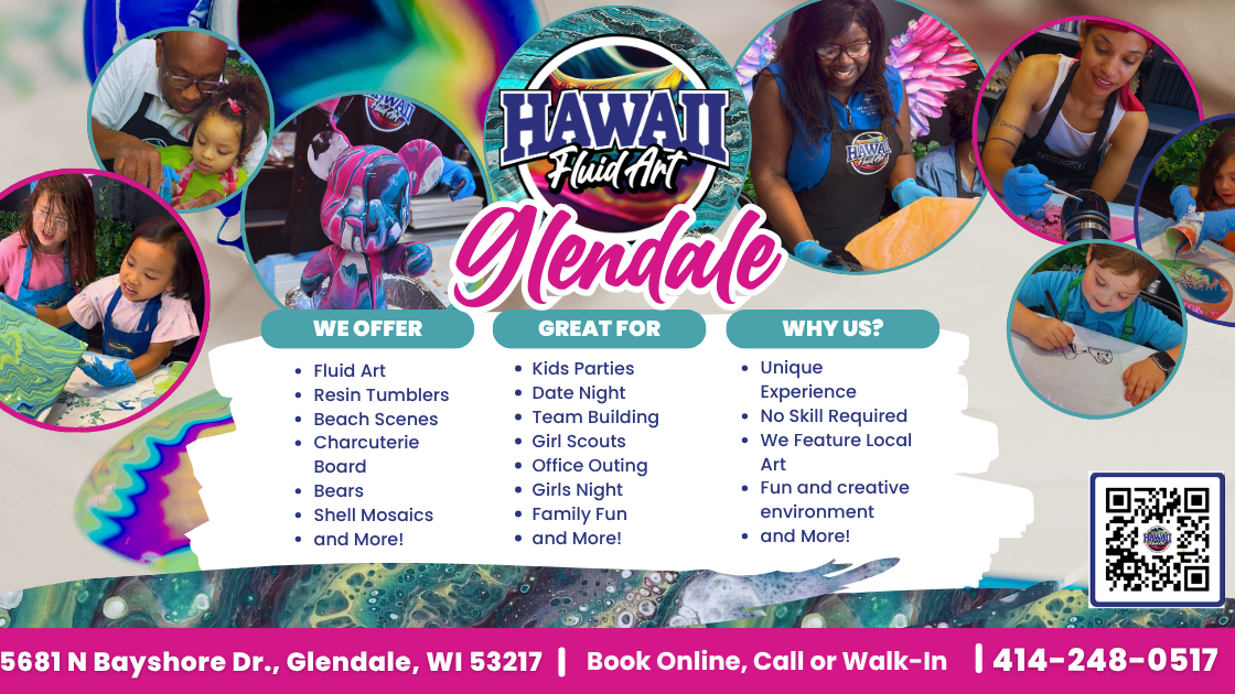 An advertisement for Hawaii Fluid Art Glendale features multiple images of smiling people, including adults and children.