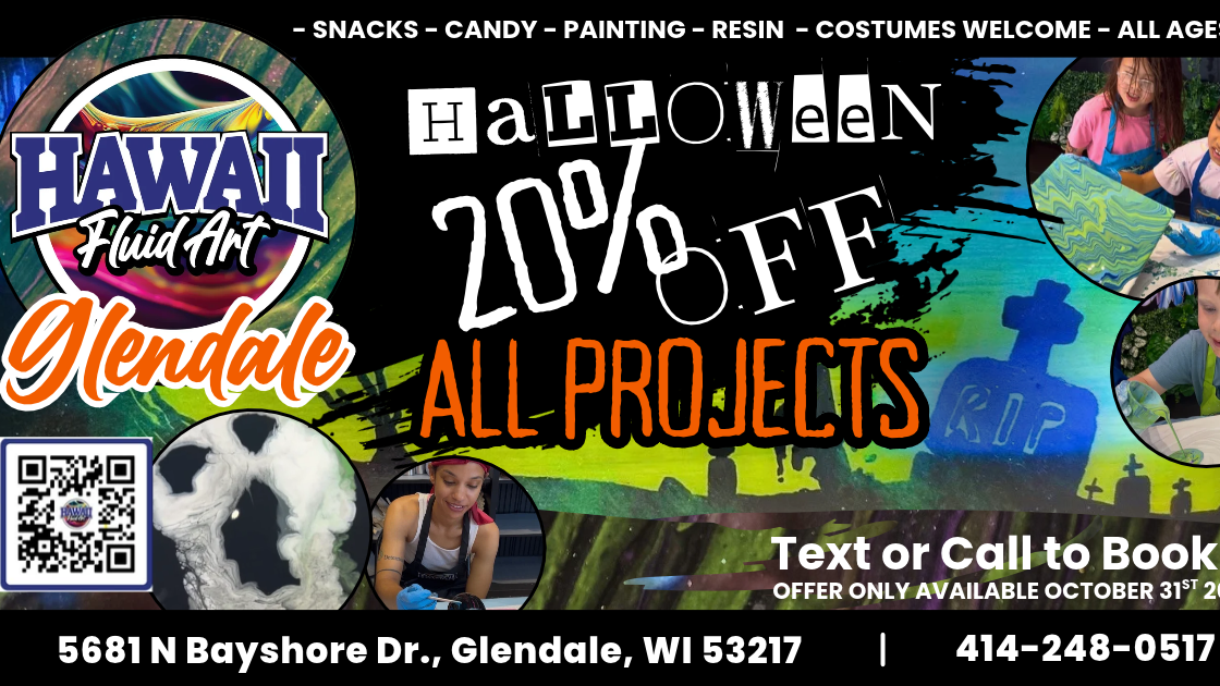 An advertisement for Halloween activities in Glendale, WI. Features a QR code, a person, and a child.
