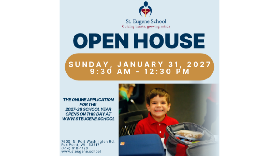 Advertisement poster with the words "OPEN HOUSE" and "Sunday, January 31, 2027" at the top. Photo of a smiling boy in a red shirt.