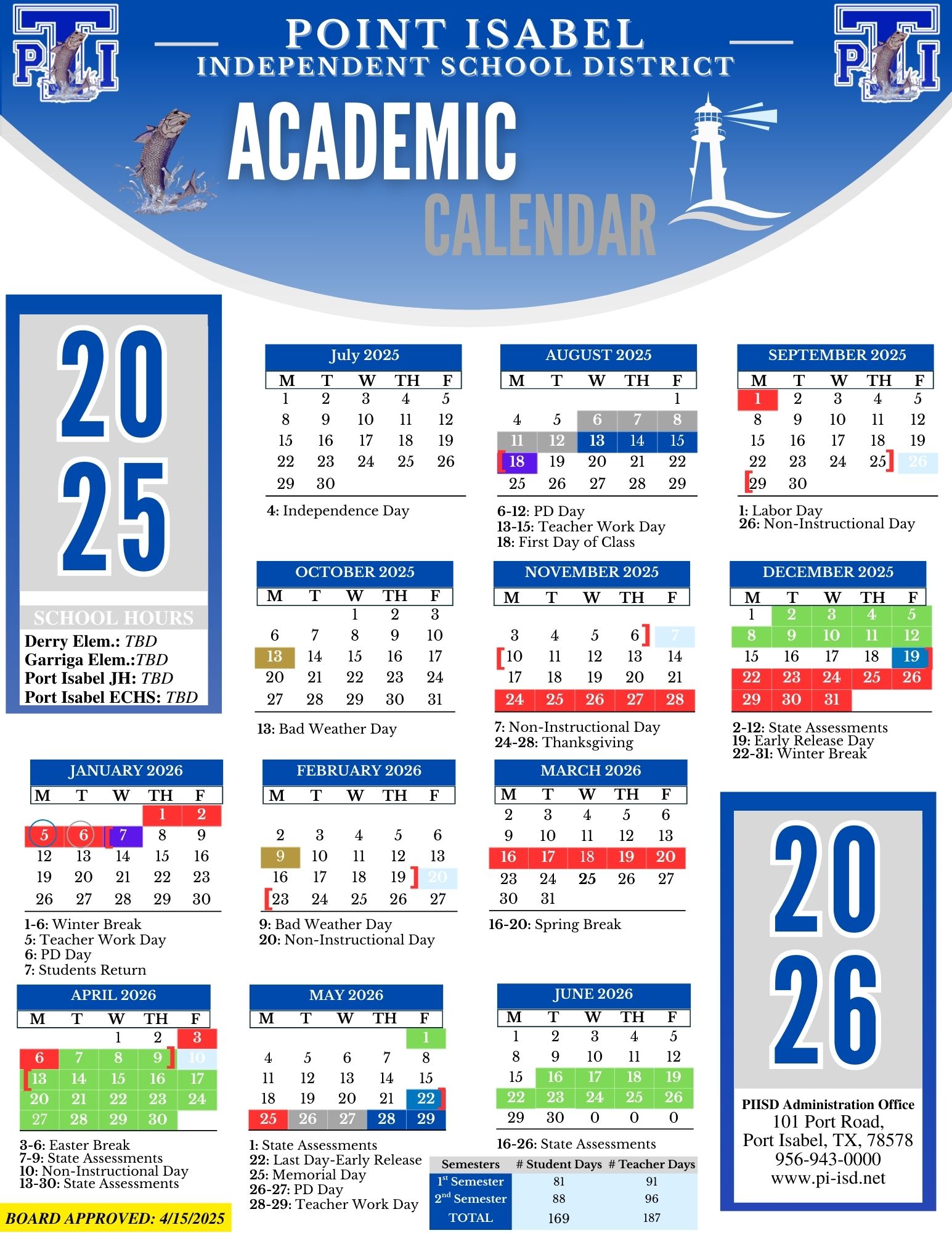 Academic Calendar | Point Isabel ISD