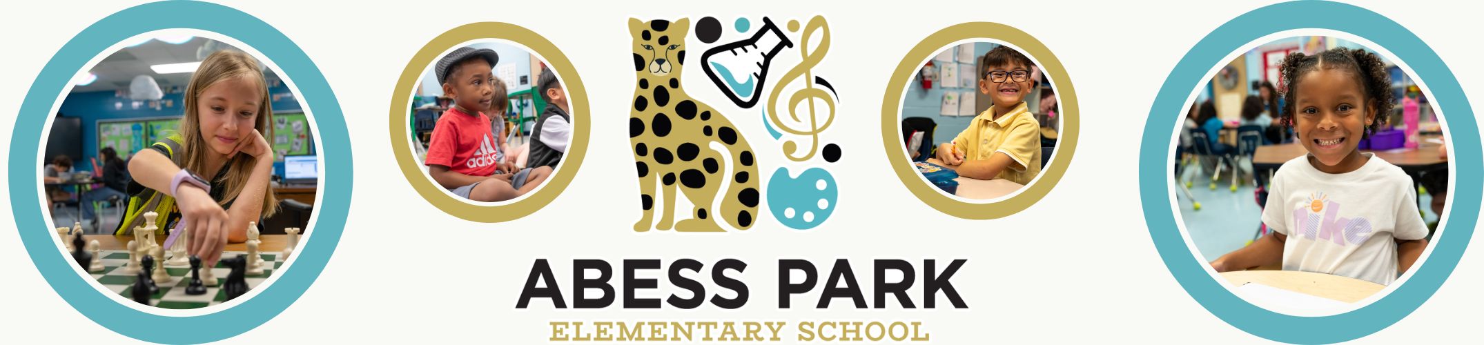 Three circular images of children, one with a chess set, one with musical notes, and one in a classroom. "ABESSE PARK ELEMENTARY SCHOOL" text is centrally placed.