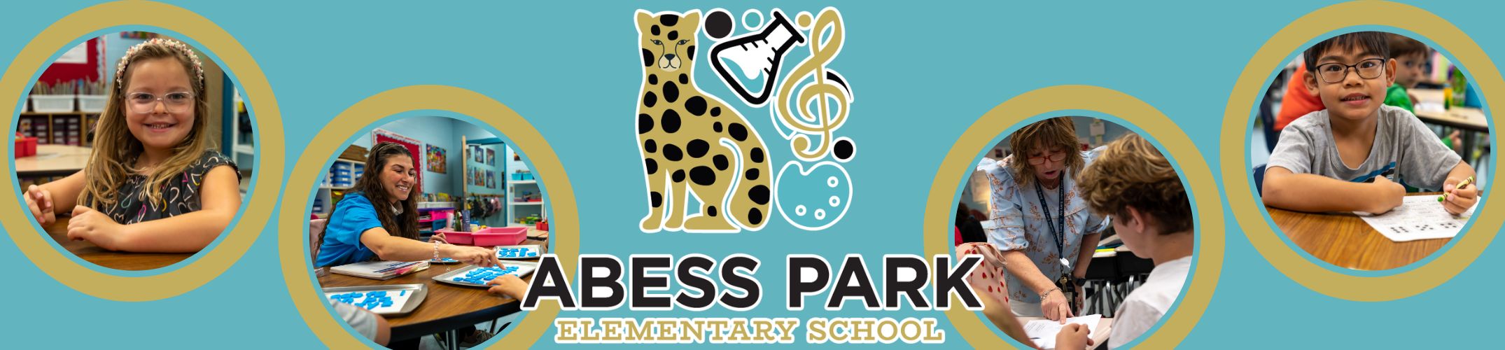 Four circular images show children at desks in a classroom with a blue background. The logo "ABEESS PARK" is prominently displayed.