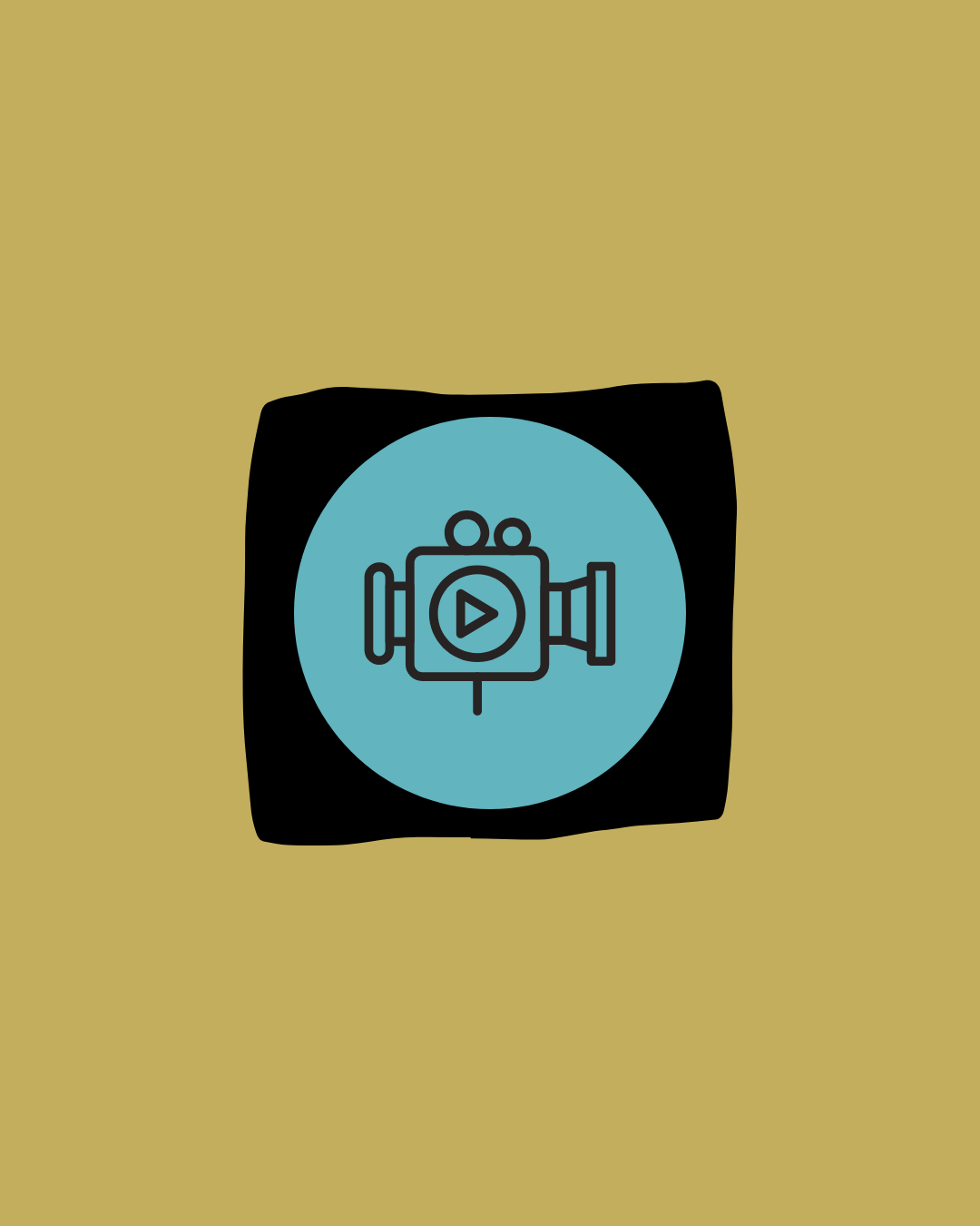 A blue circle contains a stylized video camera with a play button, set against a yellow background.