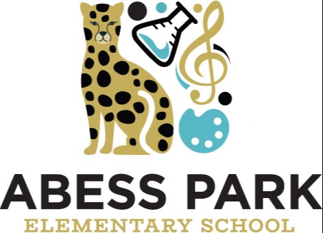 A cheetah sits in the center of the logo for Abessi Park Elementary School. Musical notes and a science beaker are also in the logo.