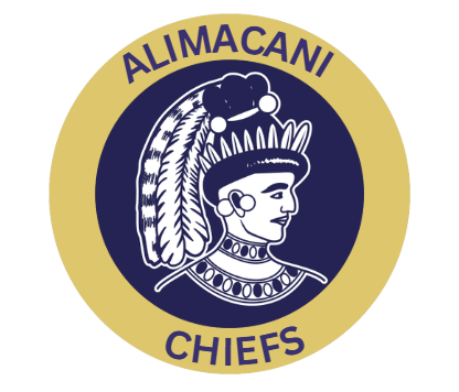 Modified school logo.  Chief drawing in the middle, in profile.  Alimacani is printed in purple above the images, Chiefs is printed in purple below the image.  The drawing is on a purple background.  The purple is on a gold background.