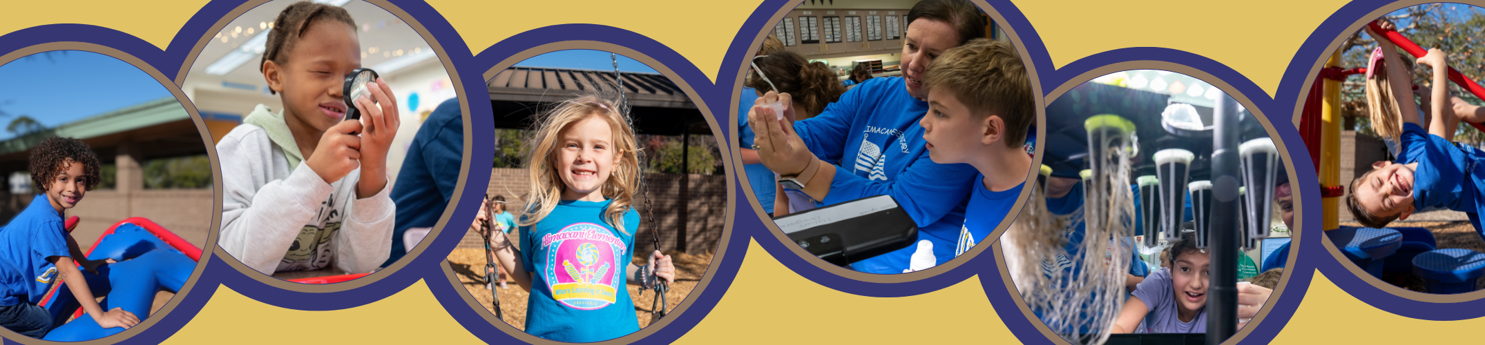 Six images in circle frames of students working in the classroom or on the playground