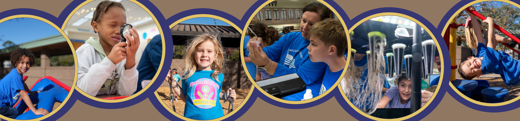 Rectangular banner with six images of students in circle frames.  Students are in their classrooms or on the playground.