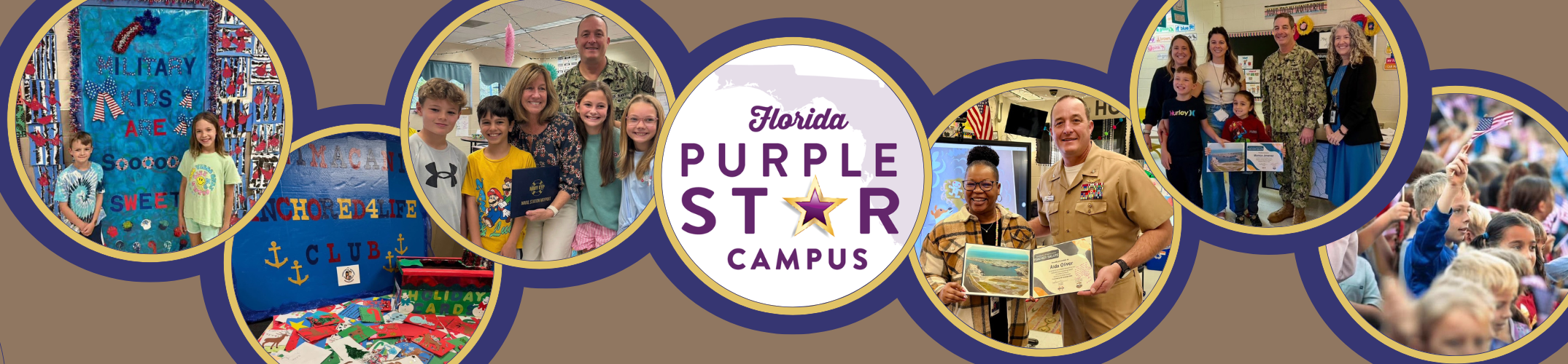 Rectangular banner with seven circle frames. The frame in the center reads: Florida Purple Star Campus. The other frames hold images of teachers who have been recognized by NAS Mayport or student celebrations.