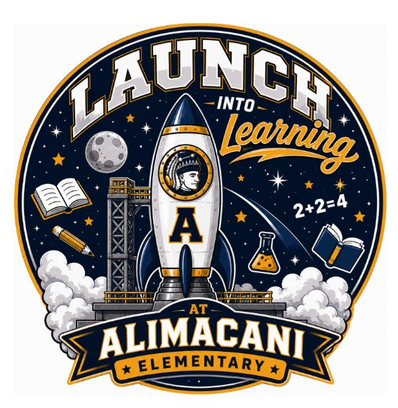 Circular logo featuring a rocket launching from a platform. Words "Launch Into Learning" appear above the rocket. A rocket and moon on the left, books and a pencil on the right.