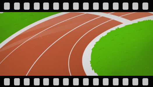 Illustration of a curved red running track with white lines. Green grass borders the track. Film strip frame.