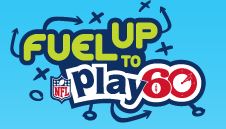 Logo for NFL Play 60 on a blue background with arrows, an NFL logo, and the words "Fuel Up to Play 60."