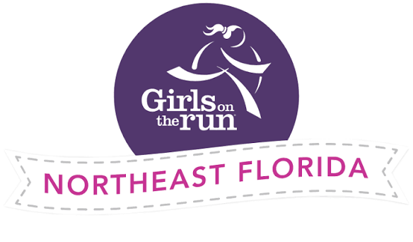 Logo featuring a purple circle with a running figure, text "Girls on the Run", and "NORTHEAST FLORIDA" on a white banner.