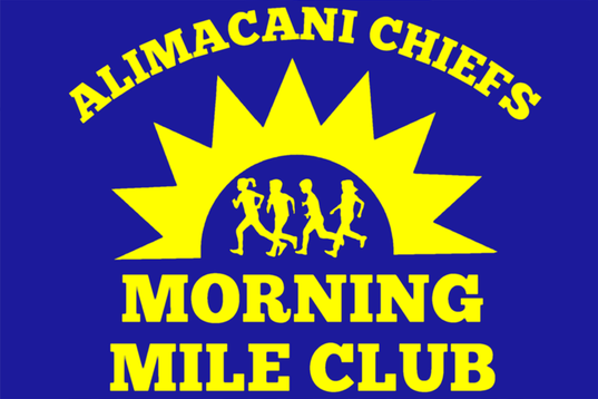 A logo displays "Alimacani Chiefs Morning Mile Club" with a sunburst and five running figures.