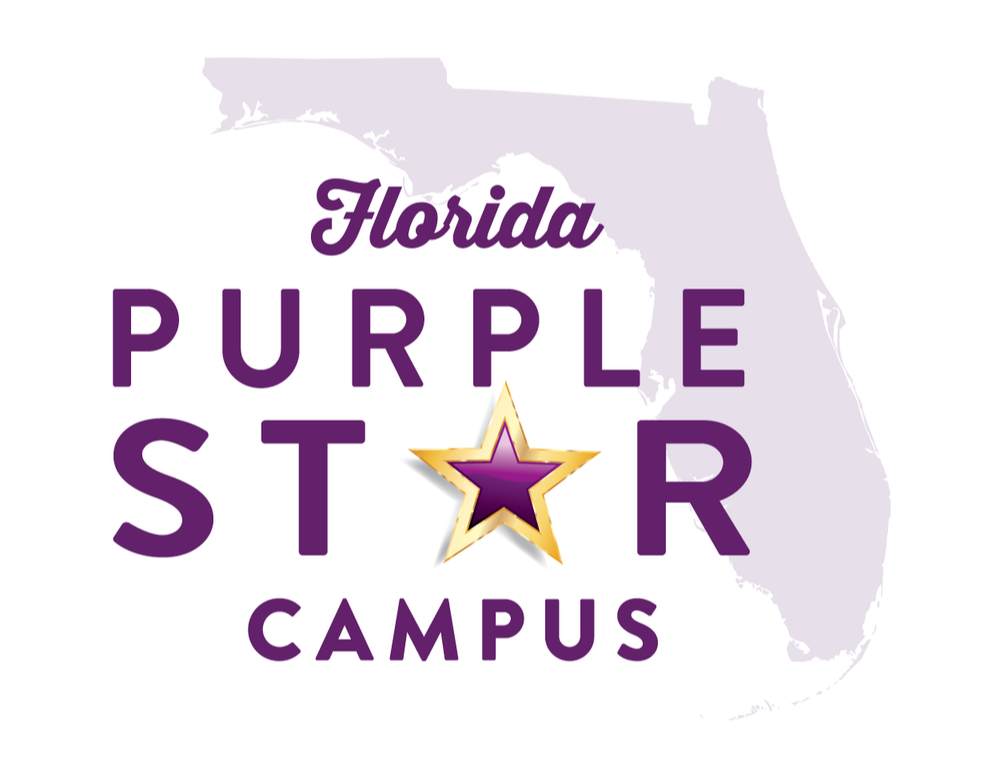 A white background displays the "Florida Purple Star Campus" logo. It features a star with purple and yellow hues, the words "Purple Star Campus" in purple, and "Florida" in purple above.