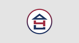 A circular logo with a red triangle and blue letter "H" inside, set against a light gray background.
