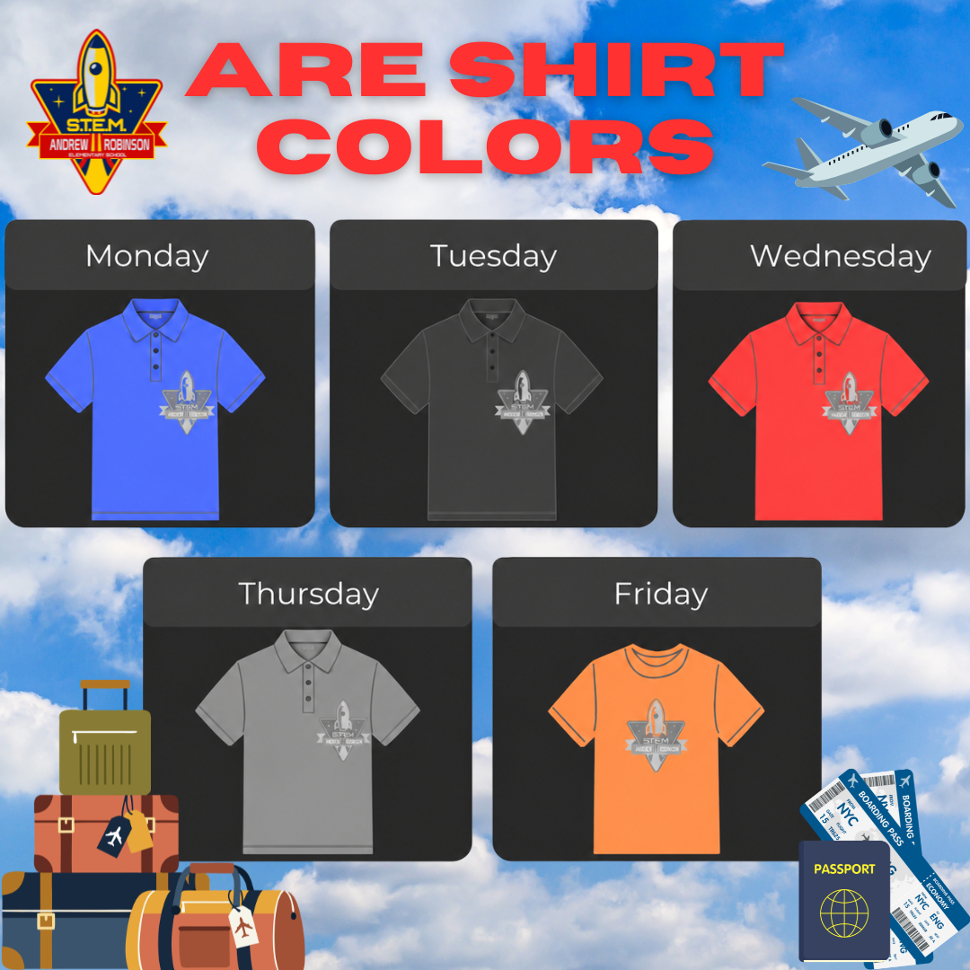 A graphic displays a weekly schedule of shirt colors, including blue, gray, red, orange, and gray, against a blue sky background with airplanes and travel items.