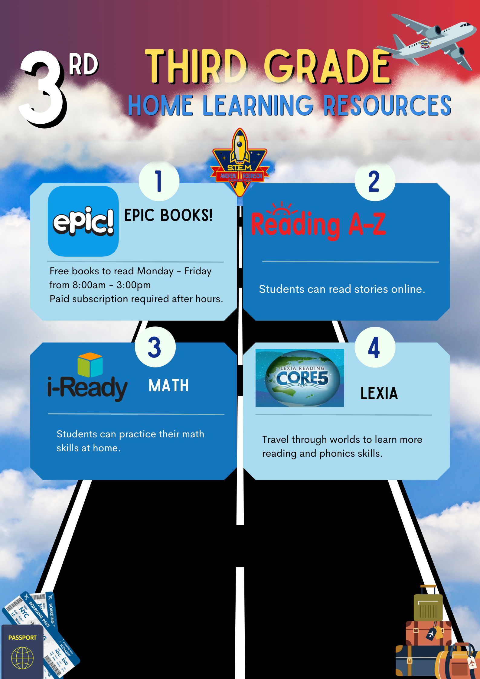 A colorful poster shows third-grade home learning resources. Icons represent various educational tools. A runway is depicted in the background.