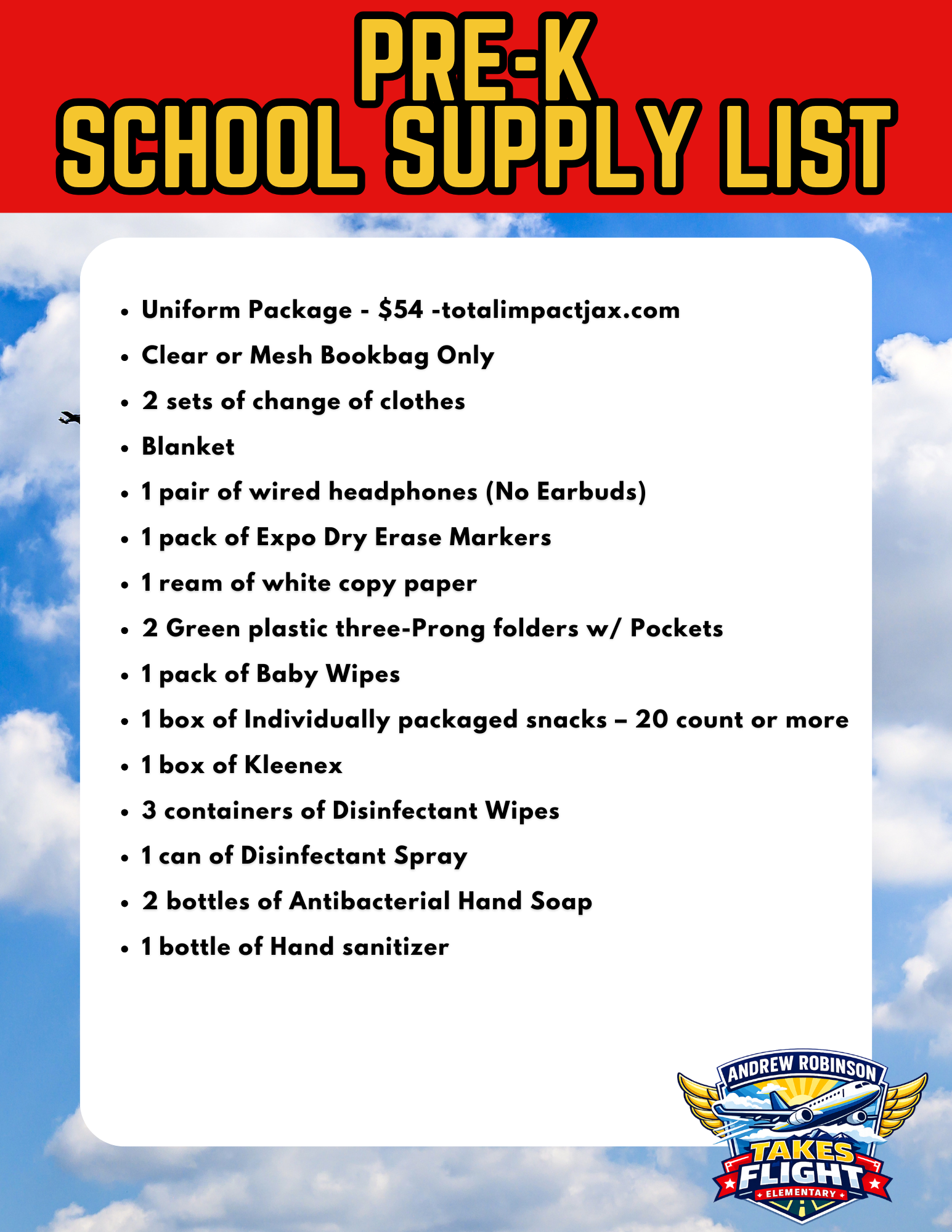 A poster displays a Pre-K school supply list. Items include a bookbag, clothes, headphones, markers, wipes, and sanitizer.
