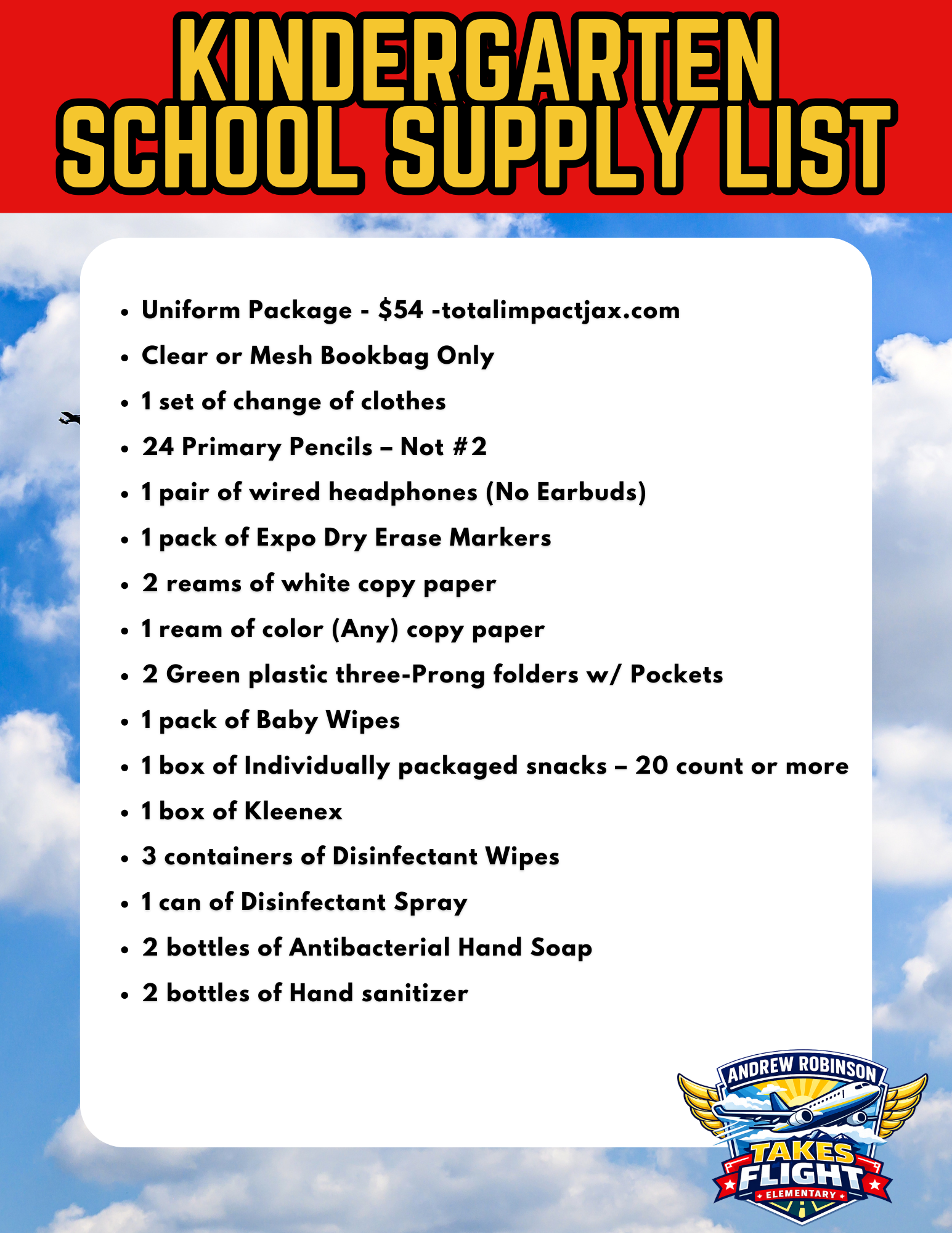 A list for kindergarten school supplies includes items like pencils, copy paper, baby wipes, hand sanitizer, and more. A sky backdrop adds visual interest.