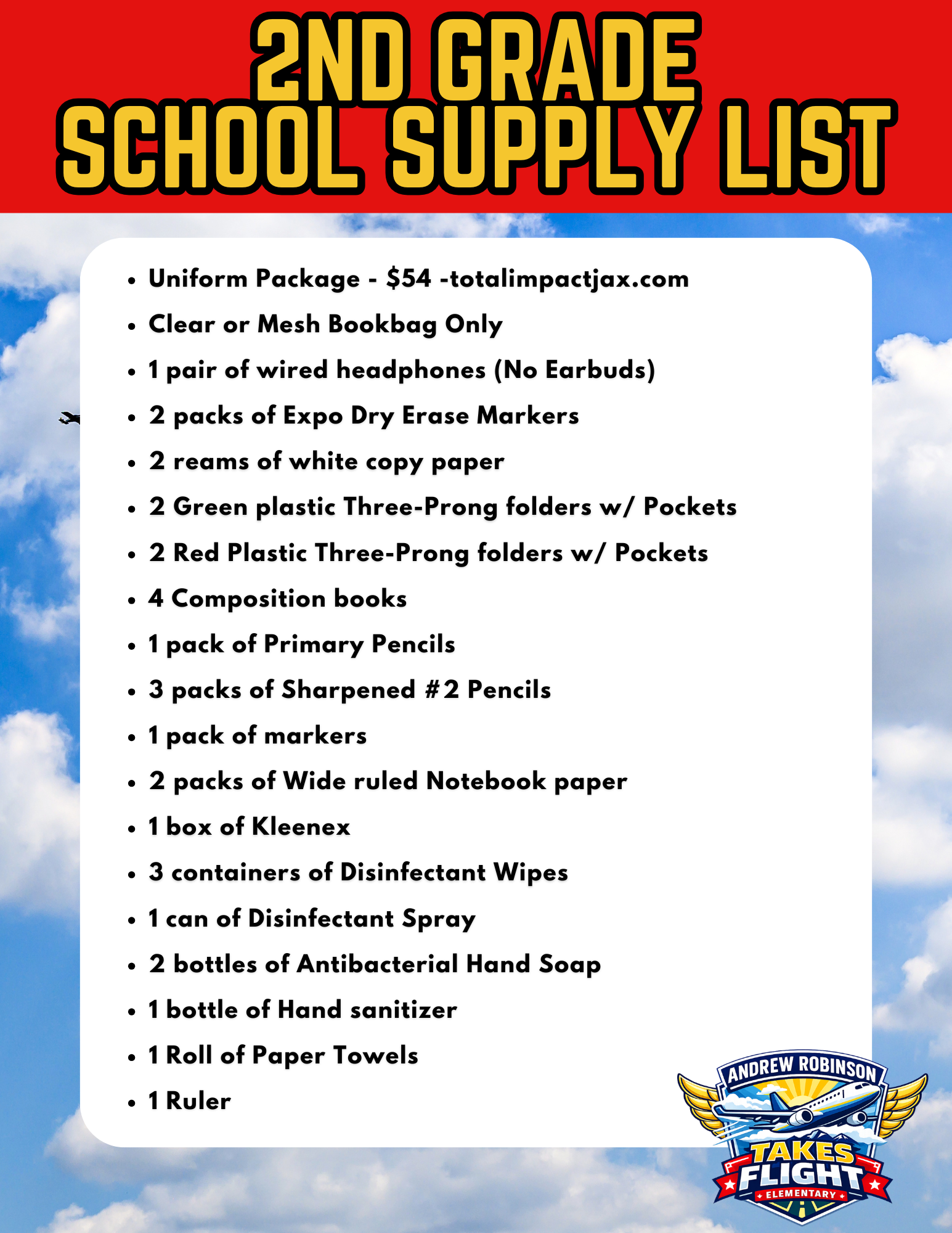 A list titled "2nd Grade School Supply List" is shown with items in bullet points against a blue sky with clouds.