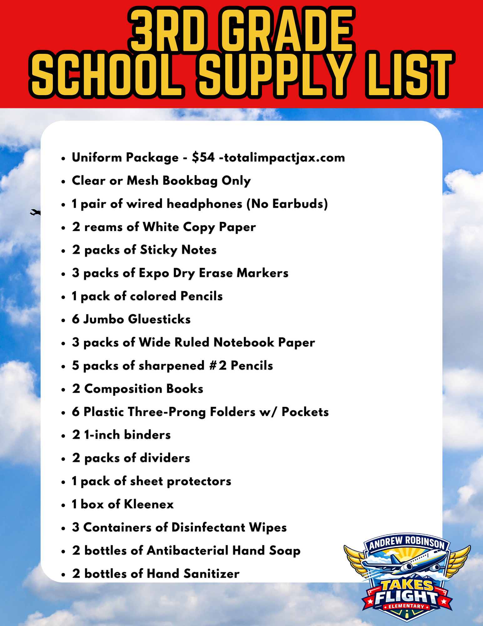 A colorful flyer lists supplies for a 3rd grade school year, including notebooks, pencils, and other items.