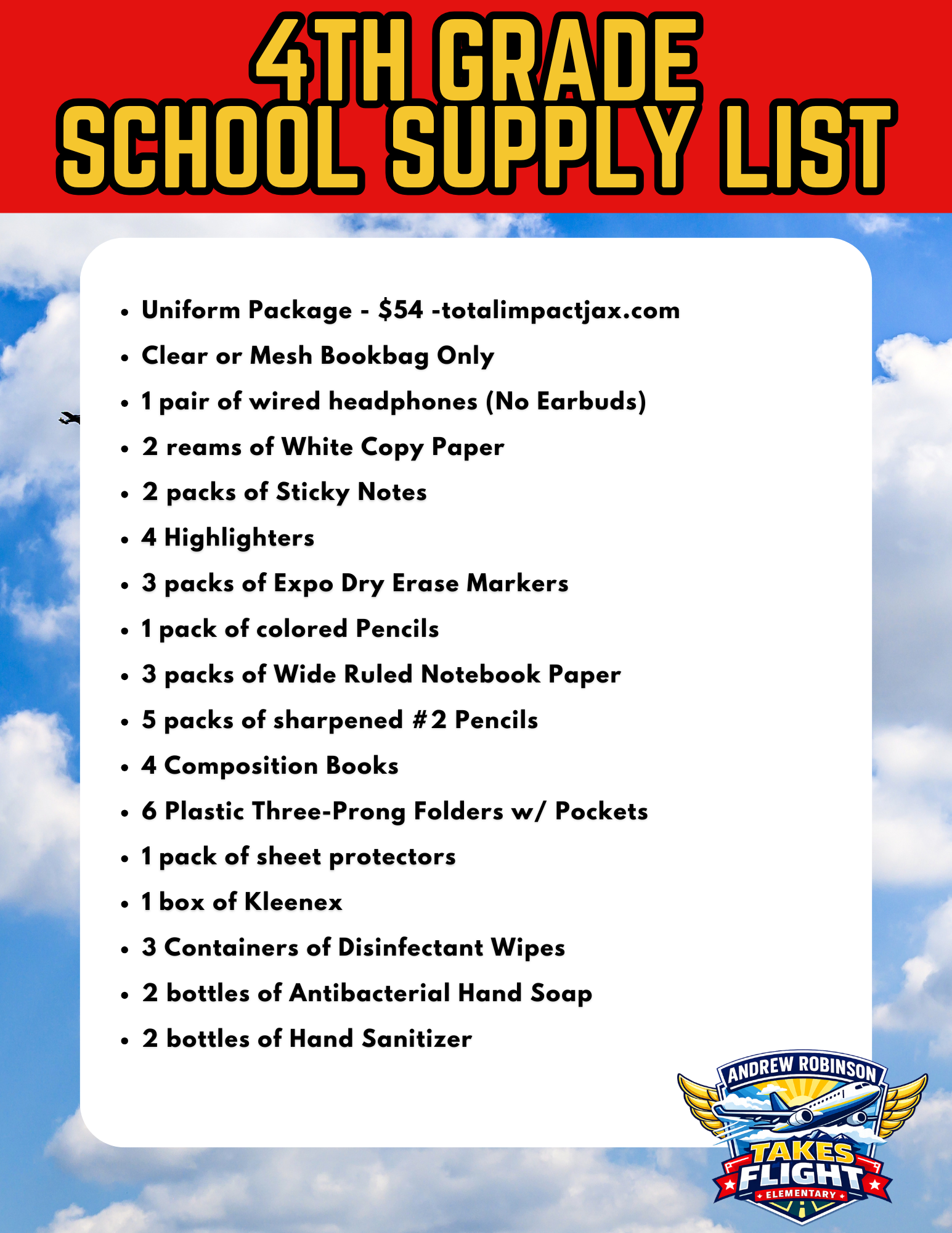 A white page displays a list of supplies for 4th grade. It is on a blue and white background.