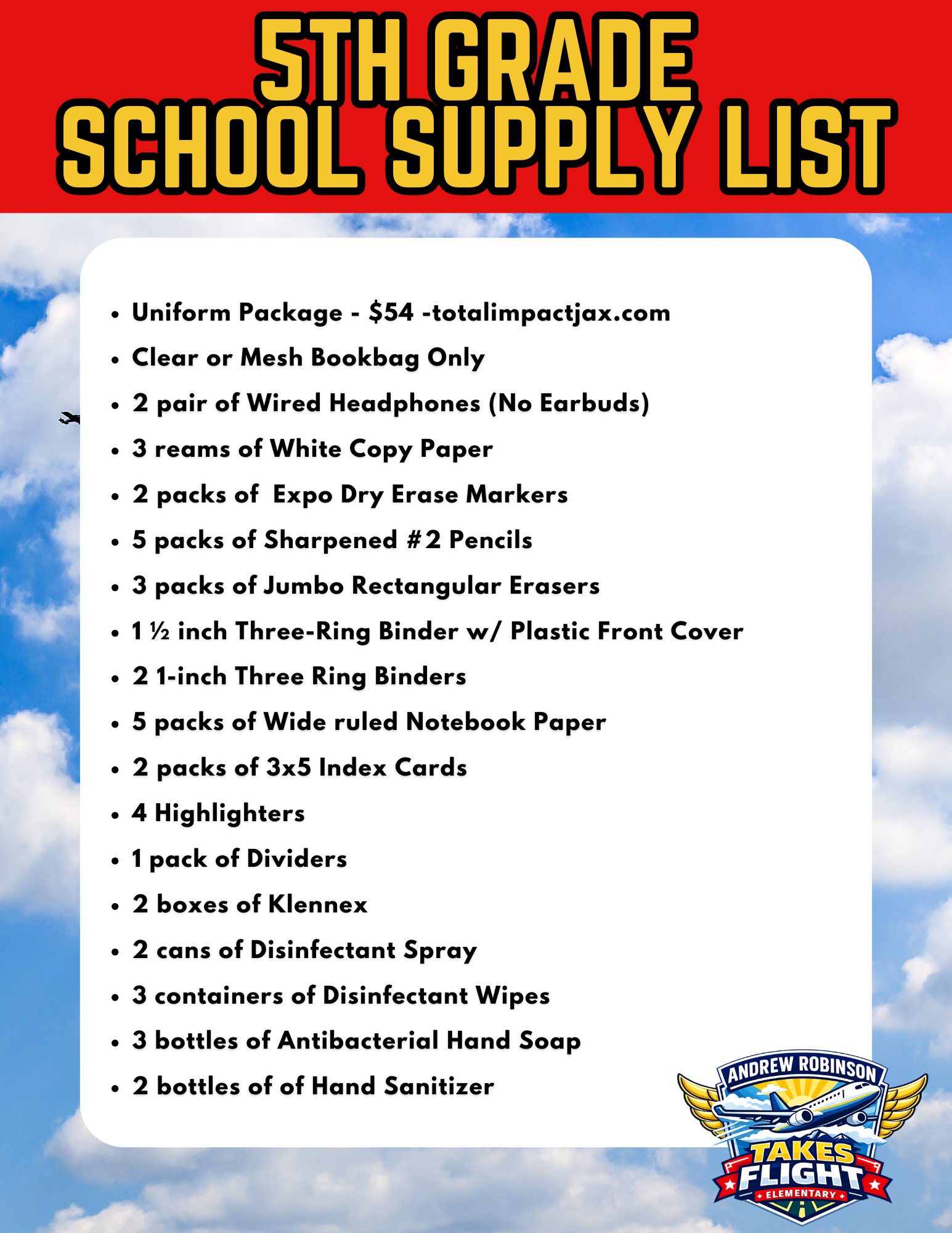 A white page displays a list of supplies for 5th grade, including binders, notebooks, and disinfectant wipes.