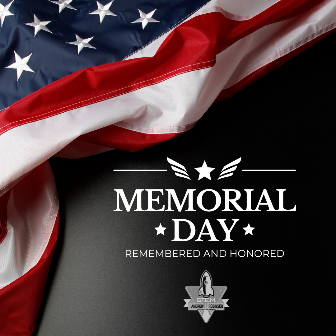 US flag in background, Memorial Day logo in white with text: "REMEMBERED AND HONORED"
