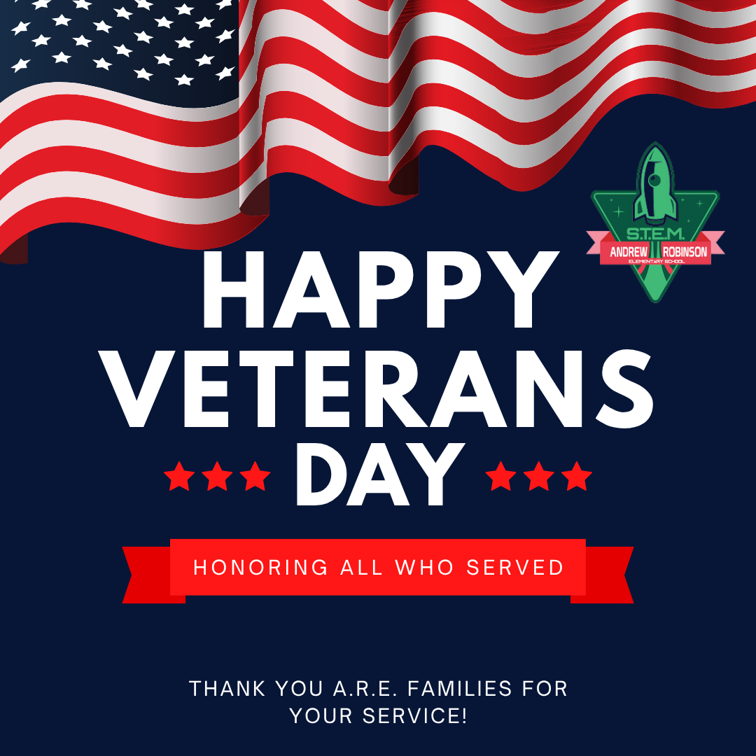 Blue background. American flag. Text: "HAPPY VETERANS DAY" and "HONORING ALL WHO SERVED". Logo.