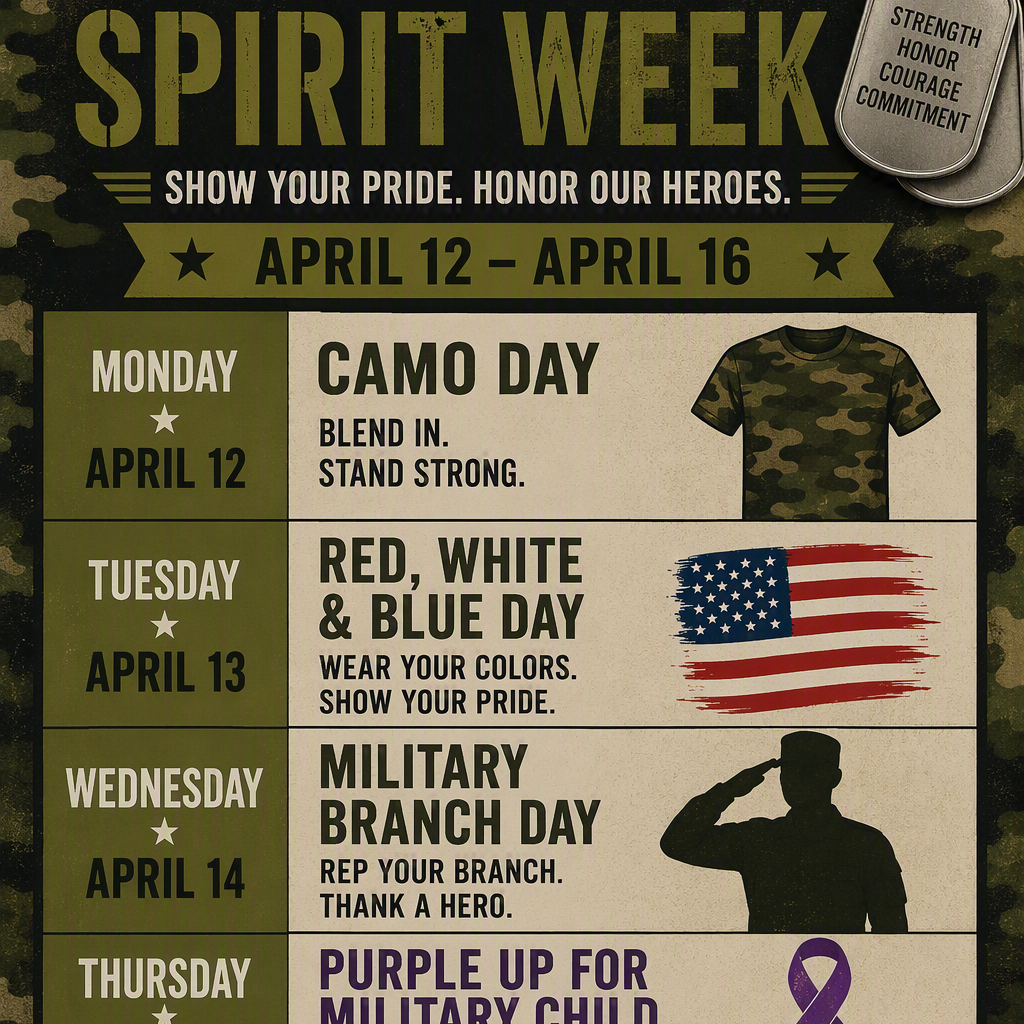 An event poster for Military Spirit Week from April 12-16, with themed days: Camo Day, Red White & Blue Day, Military Branch Day, Purple Up for Military Child, Boot Camp Day.