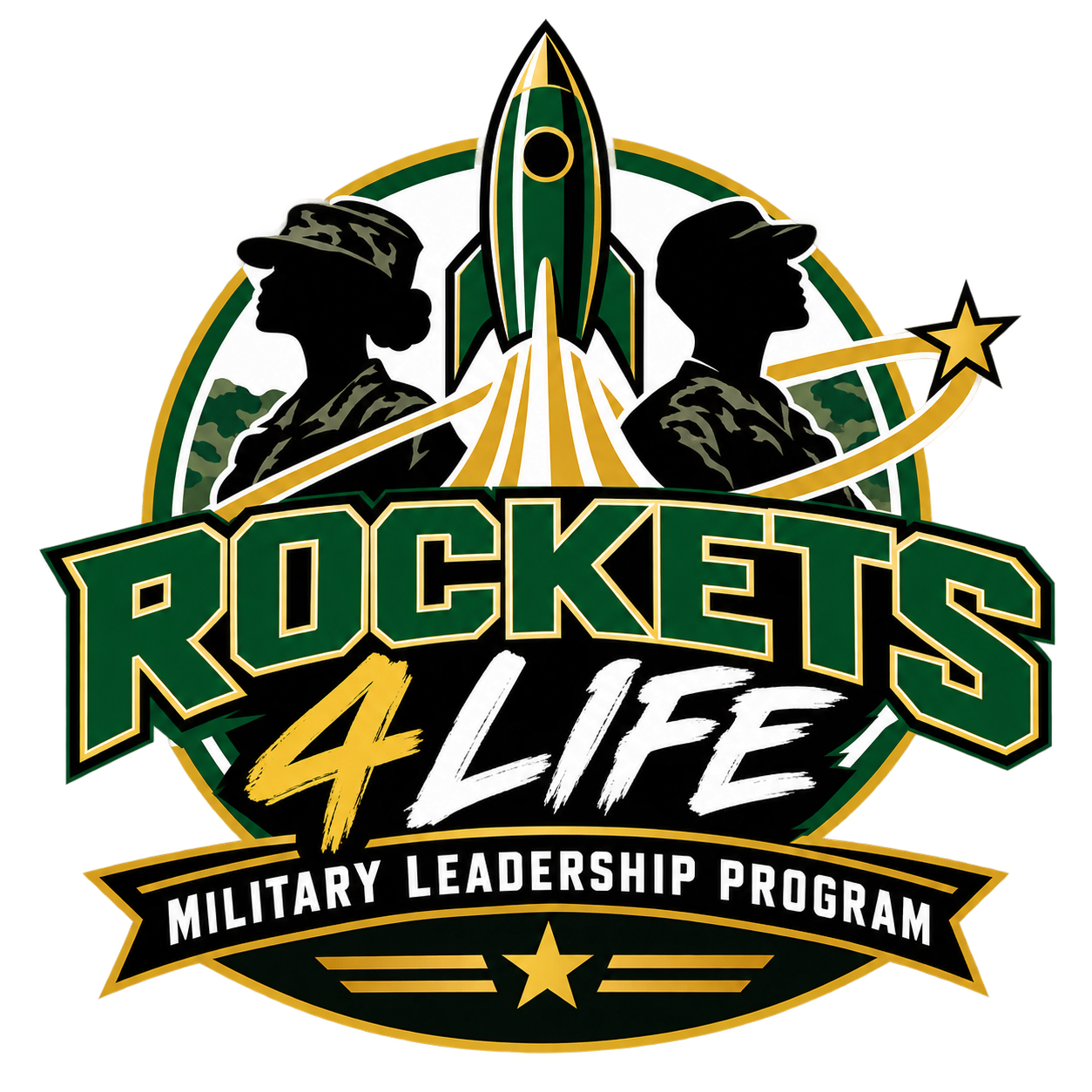 Logo displays "ROCKETS 4 LIFE" with two soldiers and a rocket launch. Black background. Program name reads "Military Leadership Program".