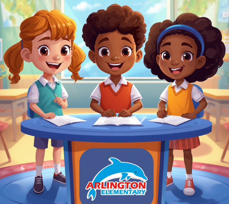 Three children stand behind a desk in a classroom. They appear to be giving a presentation.