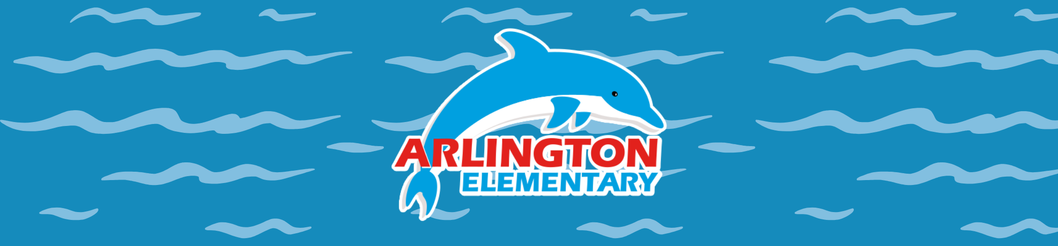 A blue background with white waves displays the Arlington Elementary logo, featuring a blue dolphin.
