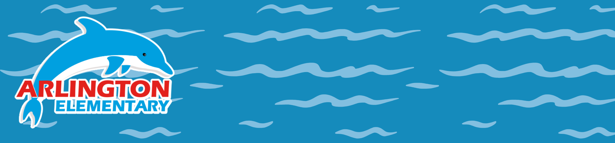A blue backdrop with wavy patterns displays the Arlington Elementary logo featuring a blue and white dolphin.