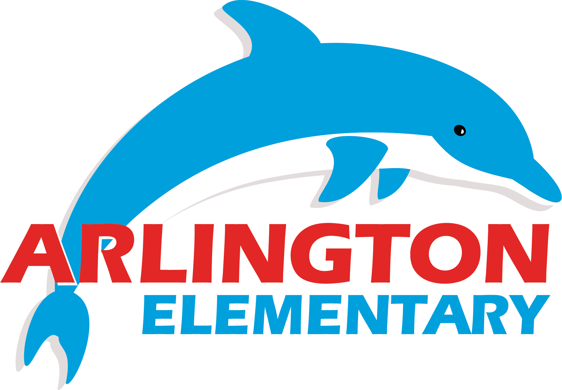 A dolphin logo with blue, white, and red colors represents Arlington Elementary. The dolphin is jumping above text.