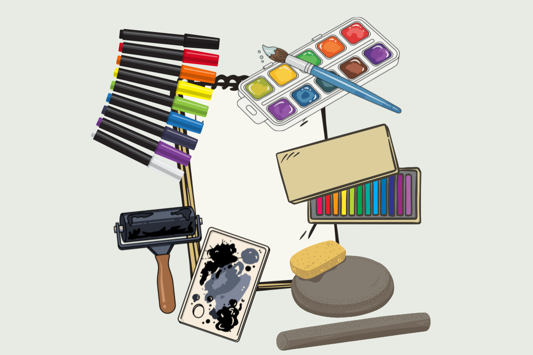 Various art supplies scattered: brushes, markers, watercolors, sponges, a palette, and a small stamp set on a white background.