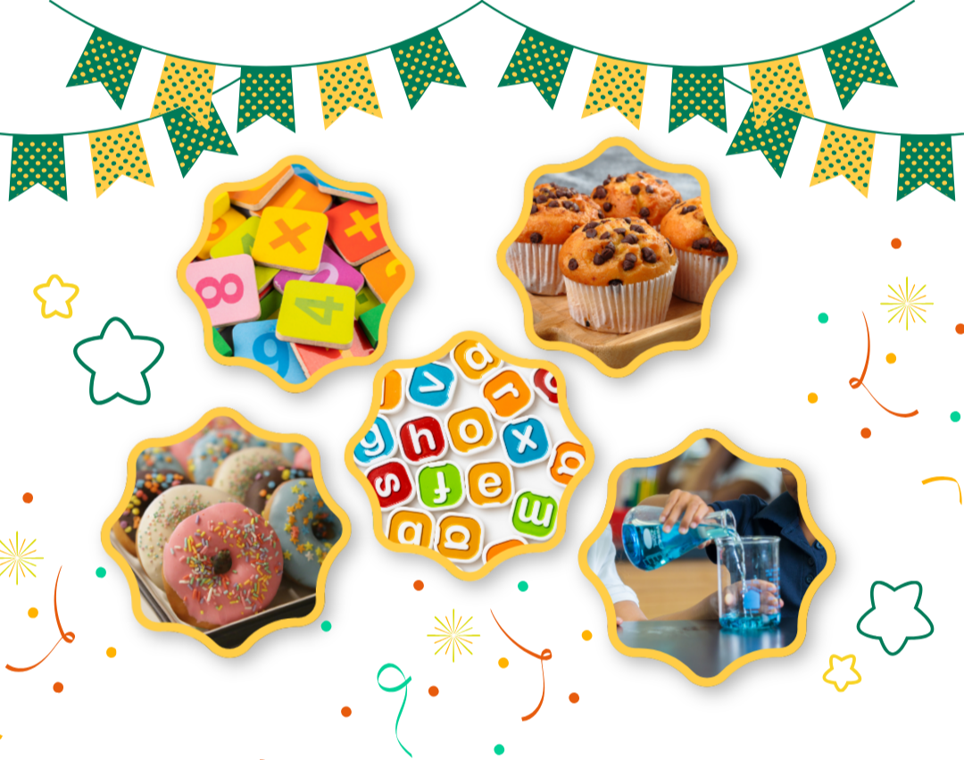 A white background with colorful elements including doughnuts, alphabets, cupcakes, and confetti. A person holds a water bottle.