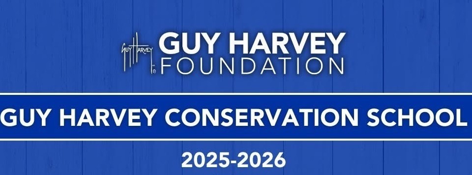 Blue banner with "Guy Harvey Conservation School 2025-2026" and Atlantic Beach Elementary logo, featuring sea turtles and dolphins in ocean.